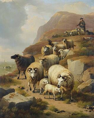 Shepherd and Flock in Scenic Landscape Painting