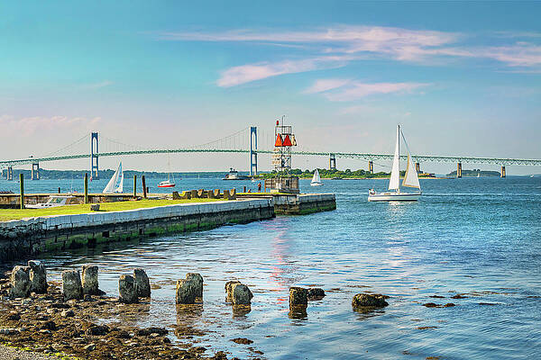 Boat Wall Art featuring the digital art Claiborne Pell Bridge, Newport, Ri #1 by Laura Zeid