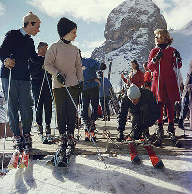 Stylish Skiers at Mountain Resort Wall Art
