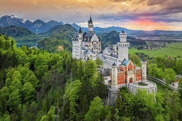 Atmospheric Wall Art featuring the digital art Evening Mood With Neuschwanstein Castle Near Schwangau In The Allgau, Allgau Alps #1 by Reinhard Schmid