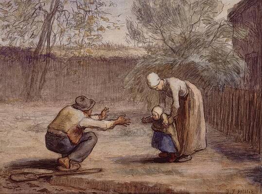Jean Francois Millet Painting - First Steps Chalk And Watercolor by Jean Francois Millet