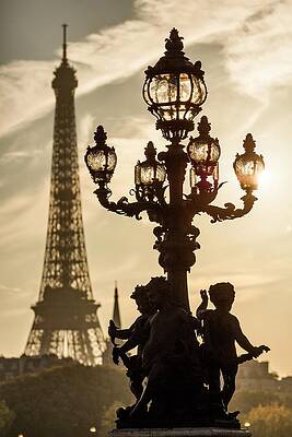 Lamp Wall Art featuring the digital art France, Ile-de-france, Paris, Tour Eiffel, Invalides, Alexander IIi Bridge, Pont Alexandre IIi, Lamp With Statues Of Bridge Alexander IIi And Eiffel Tower In Background #1 by Massimo Ripani