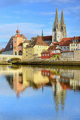 Germany Wall Art featuring the digital art Germany, Bavaria, Bayern, Upper Palatinate, Danube, Regensburg Cathedral, The Stone Bridge, St. Peter's Church And The Old Town Of Regensburg Reflecting On The Danube River #1 by Francesco Carovillano