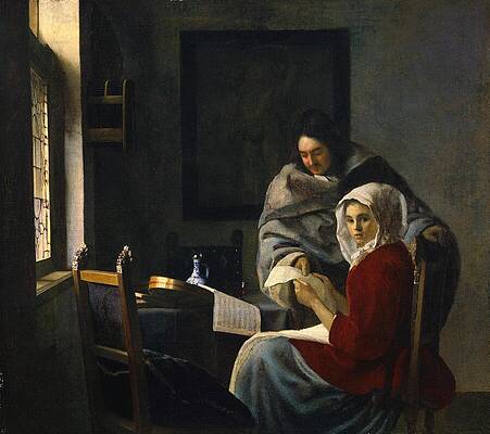 17th Century Painting - Girl Interrupted At Her Music by Jan Vermeer