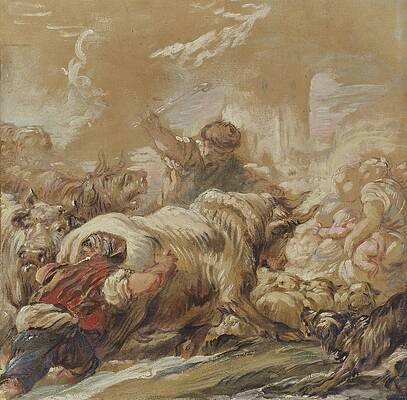 Flock Painting - Herdsmen Driving Cattle Across A Stream by Jean-baptiste Deshays