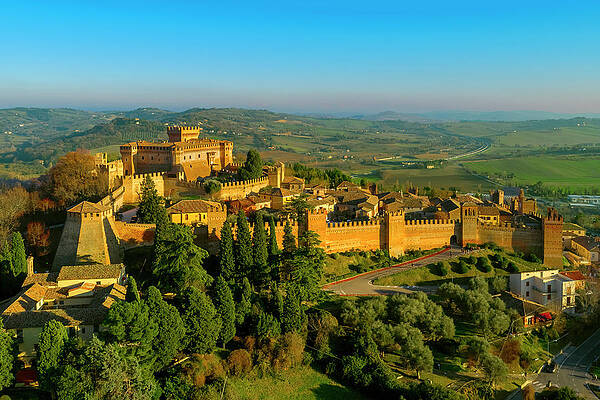 Wall Art featuring the digital art Italy, Marches, Pesaro E Urbino District, Mediterranean Sea, Adriatic Sea, Adriatic Coast, Gradara, The Ancient Town With A Double Line Of Medieval Walls And The Massive Castle #1 by Giorgio Filippini