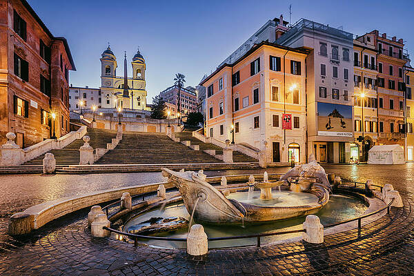 Fountain Wall Art featuring the digital art Italy, Rome, Spanish Steps, Seven Hills Of Rome, Piazza Di Spagna With Barcaccia Fountain Designed By Bernini #1 by Antonino Bartuccio