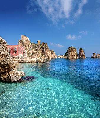 Italy Wall Art featuring the digital art Italy, Sicily, Trapani District, Scopello, Tonnara And Stacks Of Scopello. Body Of Water And Building. Watchtower #1 by Paolo Giocoso