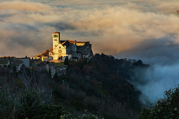 Eurasian Digital Art - Italy, Umbria, Perugia District, Appenines, Sagrantino Wine Road, Assisi, Basilica Of San Francesco, The Basilica Of San Francesco Emerging From The Morning Fog #1 by Luigi Vaccarella
