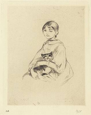 Monochrome Wall Art featuring the drawing Little Girl With Cat by Berthe Morisot