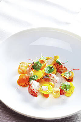 Lobster With Carrots, Lime, Young Herbs And Spice Foam On Plate #1 Print