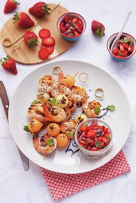 Melon And Langoustine Skewers With A Strawberry & Basil Salsa #1 Print