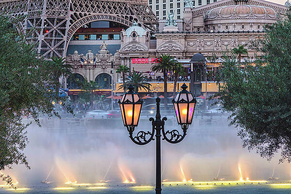 Lamp Wall Art featuring the digital art Nevada, Las Vegas, Street Lamp And Water Fountain #1 by Claudia Uripos