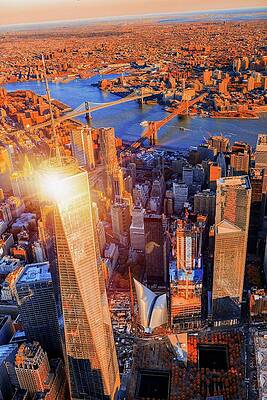 Wall Art featuring the digital art New York City, East River, Manhattan, Lower Manhattan, One World Trade Center, Freedom Tower, Aerial View Towards One World Trade Center, Brooklyn Bridge And Manhattan Bridge At Sunset #1 by Antonino Bartuccio