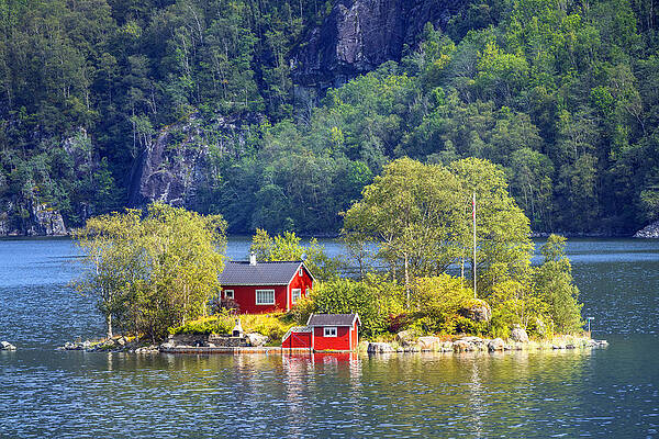 Small Digital Art - Norway, Rogaland, Red House On A Small Island In Lovrafjorden, Near Sand, Suldal, Scandinavia #1 by Christian Back