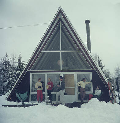 A-Frame Cabin with Friends in Snow Wall Art