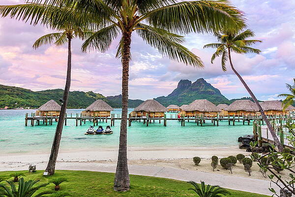Beautiful Wall Art featuring the digital art Pacific Ocean, South Pacific Ocean, Overwater Bungalows At The Pearl Beach Resort On Motu Tevairoa, Island Of Bora Bora, French Polynesia, The South Seas #1 by Reinhard Schmid