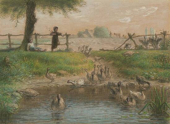 Jean Francois Millet Painting - Peasant Children At Goose Pond by Jean-francois Millet