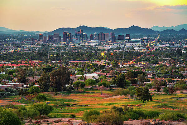 Sunrise Wall Art featuring the photograph Phoenix Arizona Skyline At Sunset #1 by Miroslav Liska