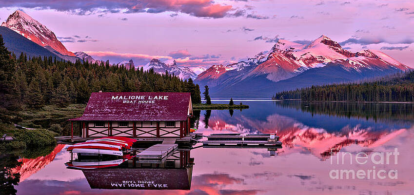 Wall Art featuring the photograph Pink Maligne Lake Sunset Panorama #1 by Adam Jewell
