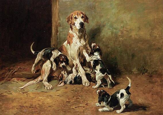 Mother Dog with Playful Puppies Painting