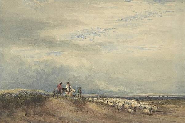 David Cox Painting - Riders With Sheep Near An Estuary by David Cox