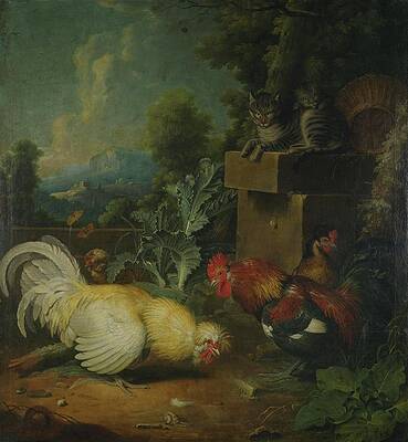 Chicken Painting - Roosters And Cats by Jacob Samuel Beck