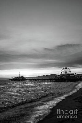 California Wall Art featuring the photograph Santa Monica Pier California Sunset Black And White Photo #1 by Paul Velgos