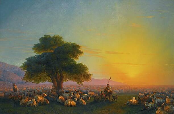 Flock Painting - Shepherds With Their Flock At Sunset by Ivan Konstantinovich Aivazovsky