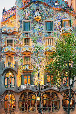 Building Wall Art featuring the digital art Spain, Catalonia, Barcelona, Casa Batllo Illuminated Up At Dusk, Architect Antoni Gaudi #1 by Jordan Banks