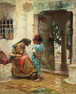 Traditional Painting - The Sewing Lesson by Frederick Arthur Bridgman