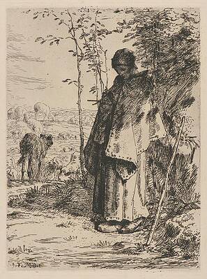 Jean Francois Millet Painting - The Shepherdess Knitting by Jean Francois Millet