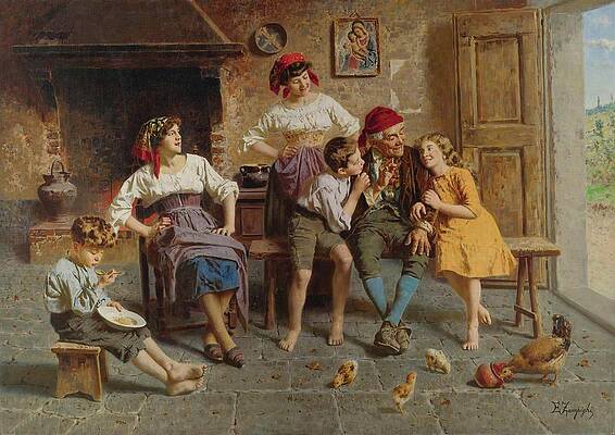 Chicken Painting - Visiting Grandfather by Eugenio Zampighi