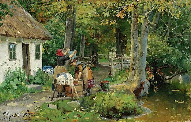 Traditional Painting - Washing Day by Peder Mork Monsted