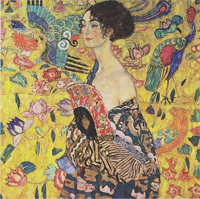 Yellow Wall Art featuring the painting Woman With Fan by Gustav Klimt