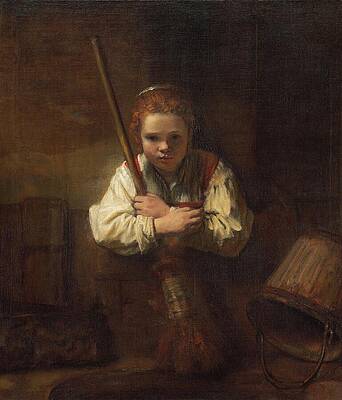 17th Century Painting - A Girl With A Broom by Rembrandt