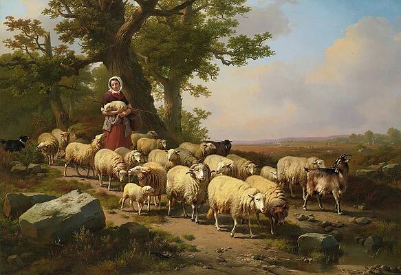 Flock Painting - A Shepherdess With Her Flock by Eugene Verboeckhoven