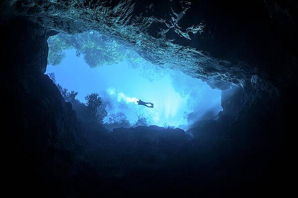 Impressive Wall Art featuring the digital art Diver In Underwater Cave #2 by Giordano Cipriani