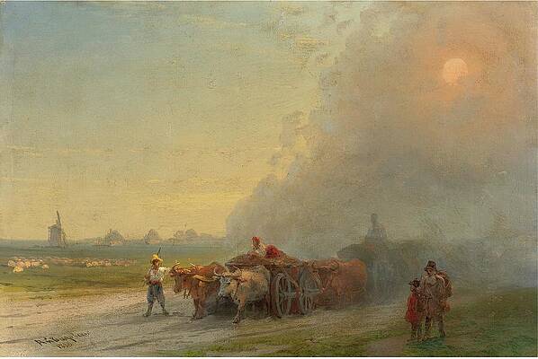 Flock Painting - Ox-carts In The Ukrainian Steppe by Ivan Konstantinovich Aivazovsky