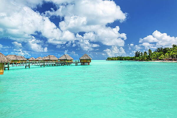 Beautiful Wall Art featuring the digital art Pacific Ocean, South Pacific Ocean, Overwater Bungalows At The Pearl Beach Resort On Motu Tevairoa, Island Of Bora Bora, French Polynesia, The South Seas #2 by Reinhard Schmid
