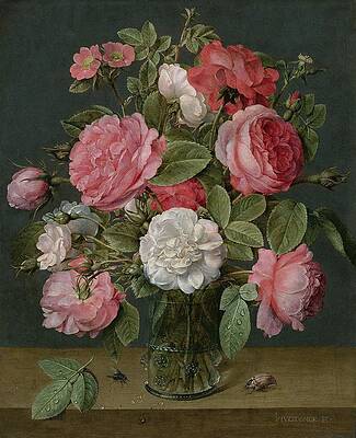 Insects Painting - Roses In A Glass Vase by Jacob Van Hulsdonck