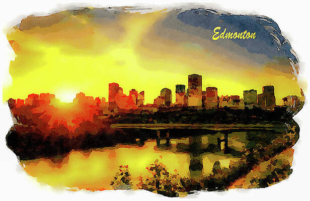 Architecture Painting - Sunset Above Edmonton Downtown And The Saskatchewan River, Canada #2 by Miroslav Liska
