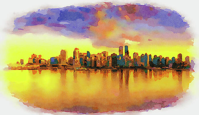 Summer Wall Art featuring the painting Sunset Skyline Of Vancouver Downtown From Stanley Park #2 by Miroslav Liska