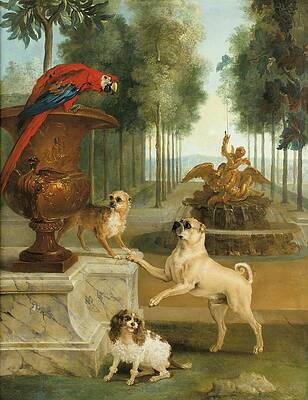 Dog Painting - Three Dogs And A Macaw In A Park by Jean-baptiste Oudry
