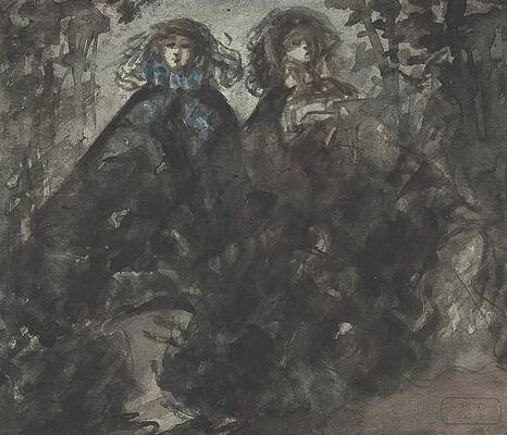 Monochrome Wall Art featuring the drawing Two Ladies Taking A Walk by Constantin Guys
