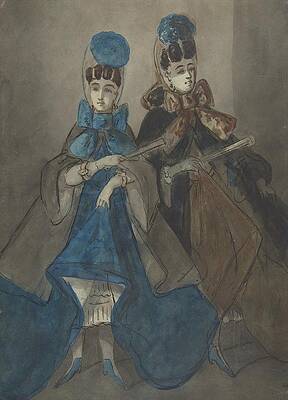 Constantin Guys Painting - Two Women With Fans by Constantin Guys