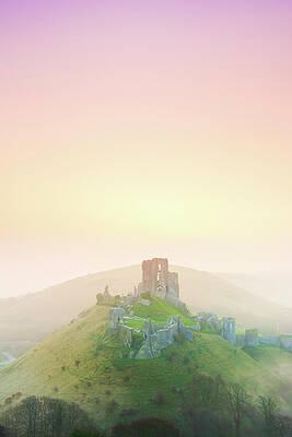 Wall Art featuring the digital art Uk, Dorset, Dawn At Corfe Castle #2 by Jordan Banks