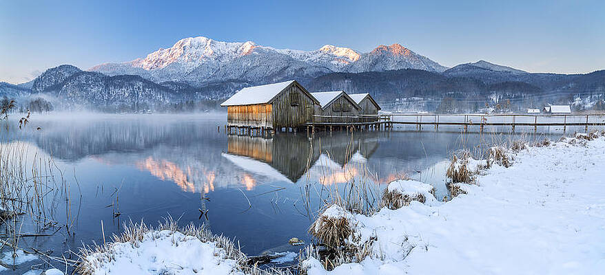 Germany Wall Art featuring the digital art Germany, Bavaria, Upper Bavaria, Bavarian Alps, Schlehdorf, Boat Huts On The Kochelsee Towards Herzogstand And Heimgarten #3 by Christian Back