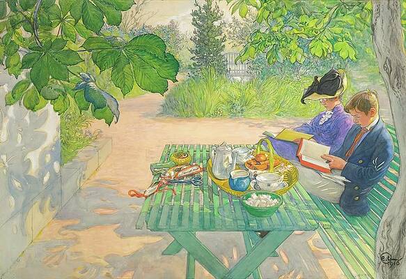 Carl Larsson Garden Reading Scene Painting