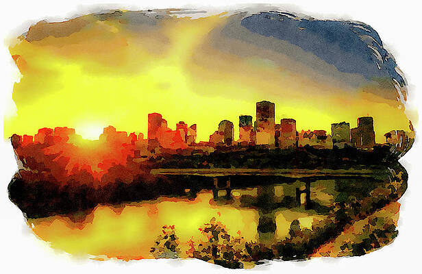 Architecture Painting - Sunset Above Edmonton Downtown And The Saskatchewan River, Canada #3 by Miroslav Liska